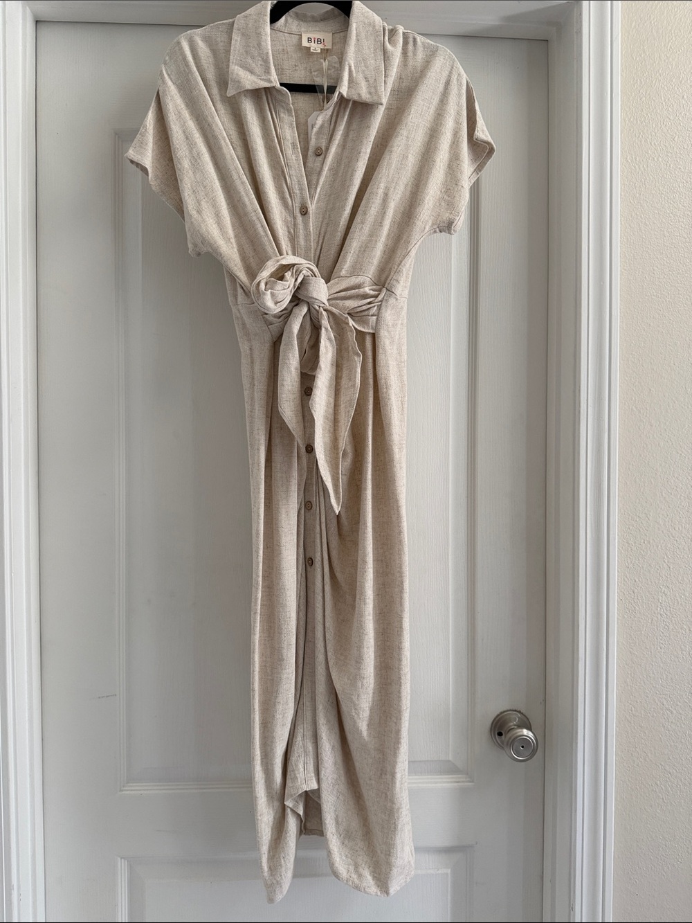 BiBi Cream Button-Front Tie Maxi Dress